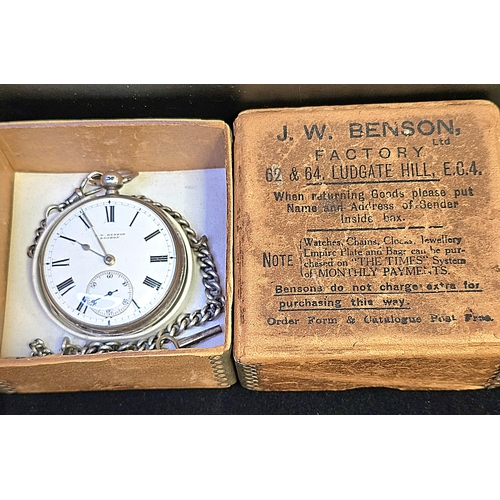 282 - 1882 Victorian J. W. Benson Silver Pocket Watch and w/ Silver Chain. Original Box