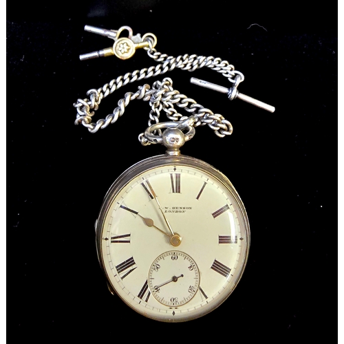 282 - 1882 Victorian J. W. Benson Silver Pocket Watch and w/ Silver Chain. Original Box