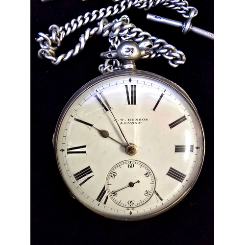 282 - 1882 Victorian J. W. Benson Silver Pocket Watch and w/ Silver Chain. Original Box