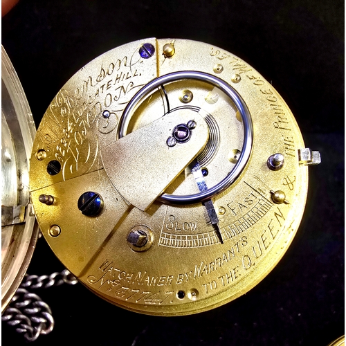 282 - 1882 Victorian J. W. Benson Silver Pocket Watch and w/ Silver Chain. Original Box
