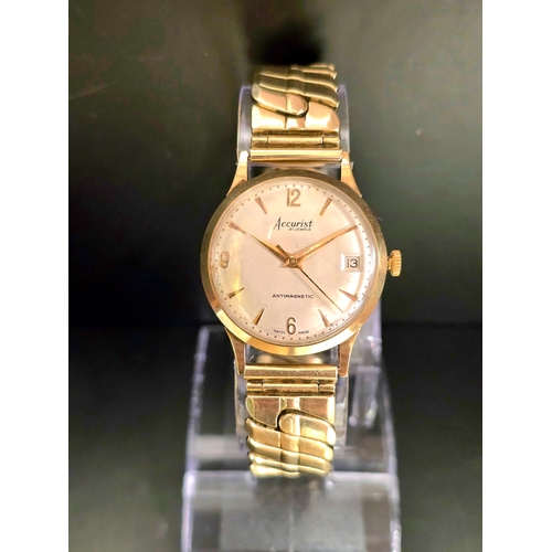 274 - Accurist 9ct Gold Gents Watch. Edinburgh Hallmark w/ Gold Plate Bracelet