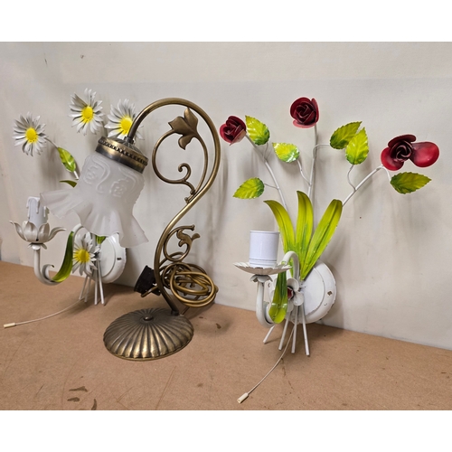 6 - Pair of Toleware Style Wall Lights & Brass Table Lamp