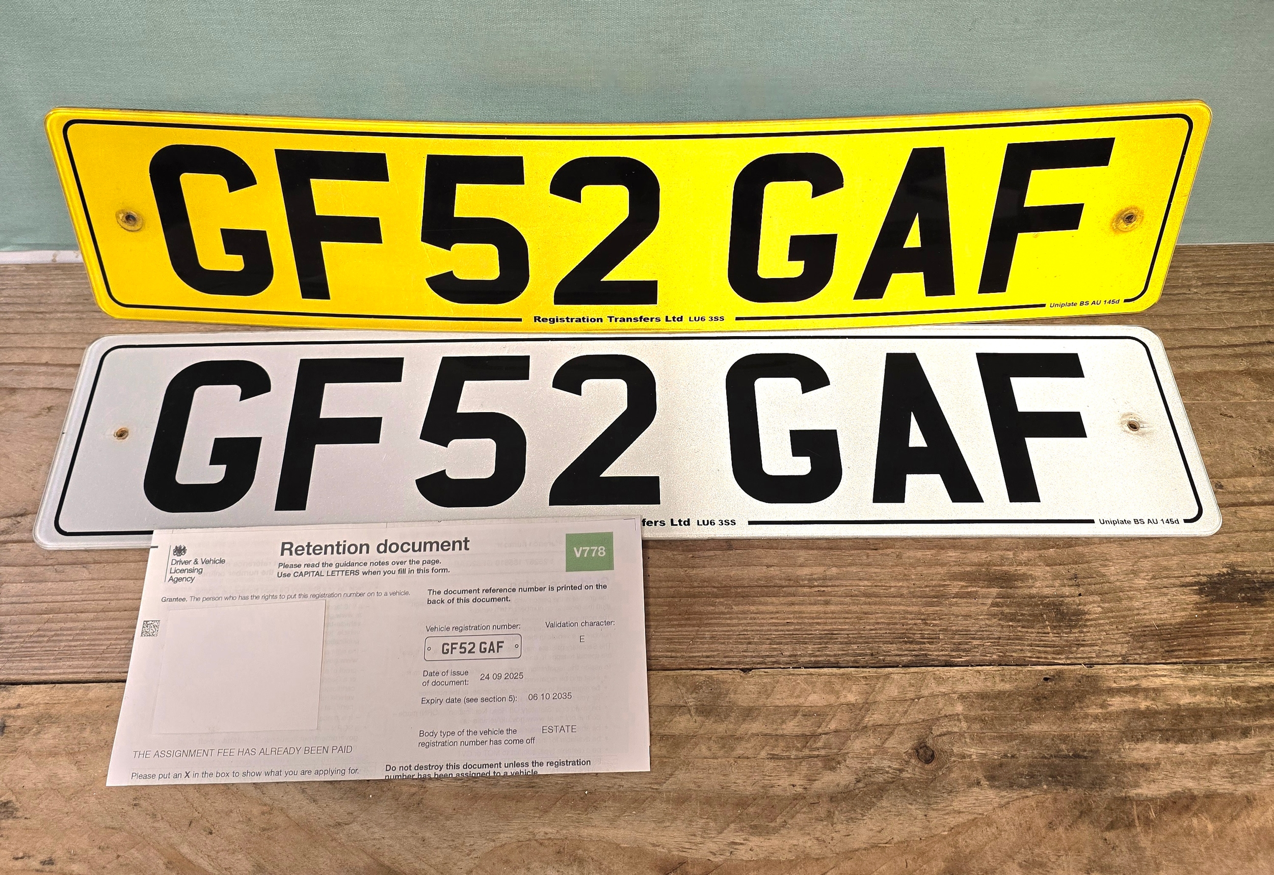 Number Plate - GF52 GAF. On Retention with DVLA, Assignment Fee Paid