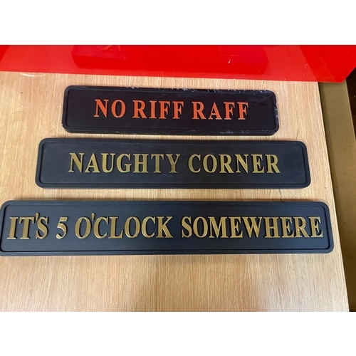 178A - 3 x Novelty Signs, No Riff Raff, Naughty Corner & It's 5 O'Clock Somewhere
