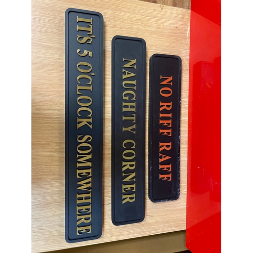 3 x Novelty Signs, No Riff Raff, Naughty Corner & It's 5 O'Clock Somewhere