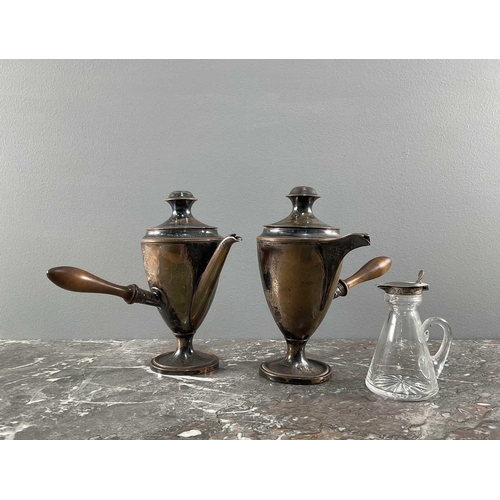 1320 - Pair of Sheffield plate chocolate pots, and a sterling silver topped whisky noggin, hallmarked, larg... 