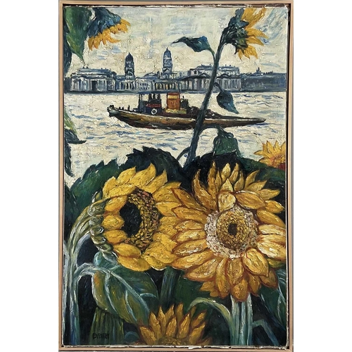 1205 - After John Bratby (1928-1992) – Sunflowers at Greenwich, bearing signature, oil on canvas, 75 x 50cm... 