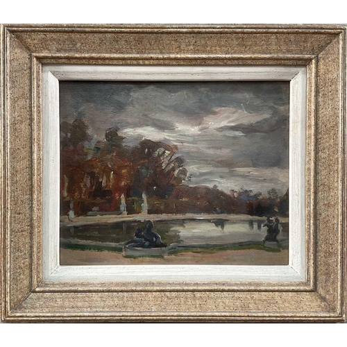 1206 - Gwendoline Mary Hopton (1866-1913), statues before a lake, oil on board, 25cm x 20cm.Qty: (1)Good co... 