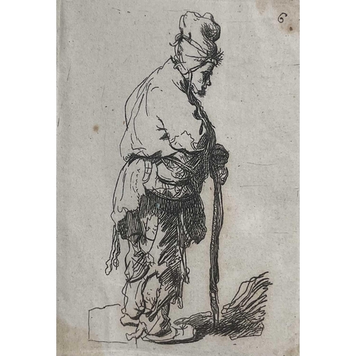 1214 - After Rembrant Van Rijn (1606-1669): a 19th century etching on paper of a beggar leaning on a stick,... 