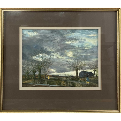 1215 - John Bullock (20th century), 'Evening - East Coast' & 'The Fens Near Ely', signed, gouache, 29.5 cm ... 