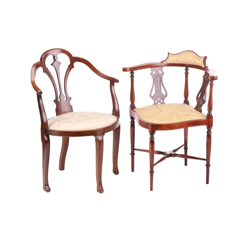 1228 - Two Edwardian style mahogany corner salon armchairs one with lure splat and one with oval seat, both... 