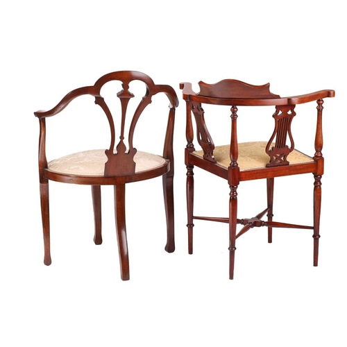 1228 - Two Edwardian style mahogany corner salon armchairs one with lure splat and one with oval seat, both... 