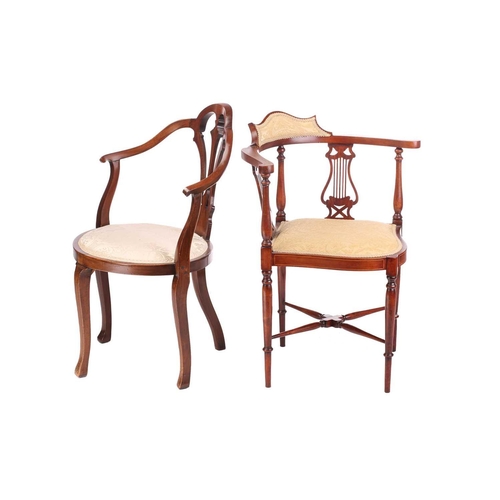 1228 - Two Edwardian style mahogany corner salon armchairs one with lure splat and one with oval seat, both... 