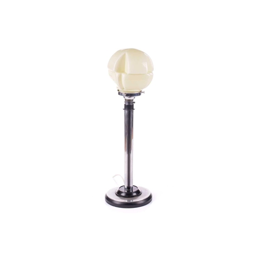 1230 - An Art Deco ebonite and chrome plated table lamp, early 20th century, with geometric moulded glass d... 