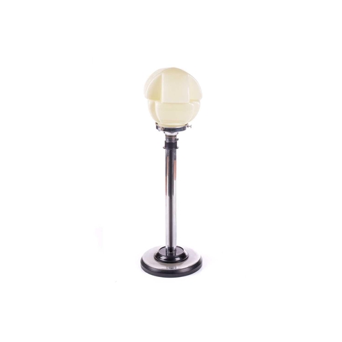 1230 - An Art Deco ebonite and chrome plated table lamp, early 20th century, with geometric moulded glass d... 