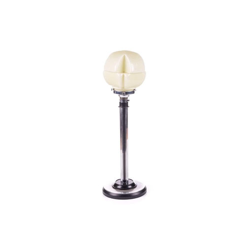 1230 - An Art Deco ebonite and chrome plated table lamp, early 20th century, with geometric moulded glass d... 