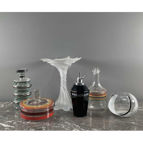 1269 - Two mid 20th century glass decanters (one with replacement stopper), and a similar pot and cover, a ... 