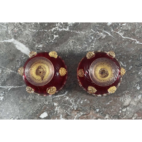 1277 - A pair of rare English cranberry glass bowls, having gold decoration, 8cm x 5cm x 10cm.Qty: (2)In go... 