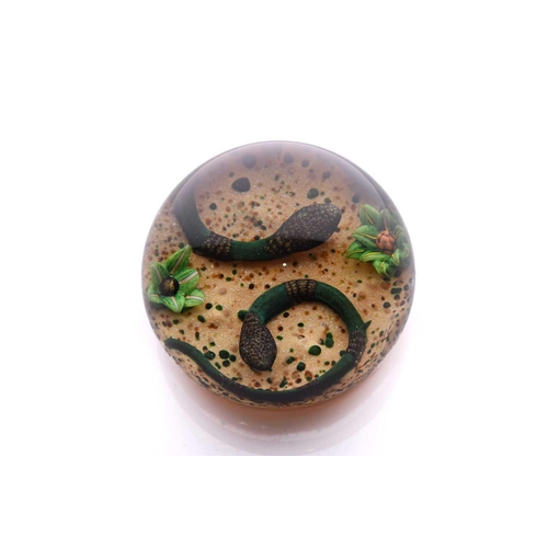 11 - William Manson, a snake paperweight having two green snakes over sand ground with green rocks and fl... 