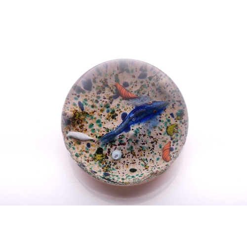 16 - William Manson (Son), a rare 1/1 edition fish paperweight having blue fish over multicoloured ground... 