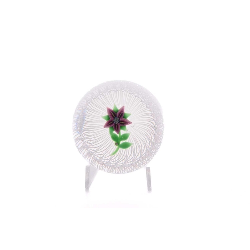 3 - Paul Ysart (1904-1991), a violet flower over latticino cane basket, a bubble apearing at the inner j... 