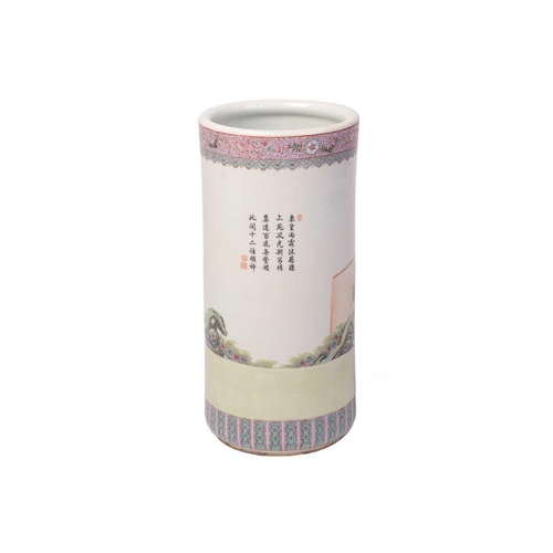 1211 - A 20th-century Chinese ceramic cylindrical stick stand, the body decorated with noblemen and attenda... 