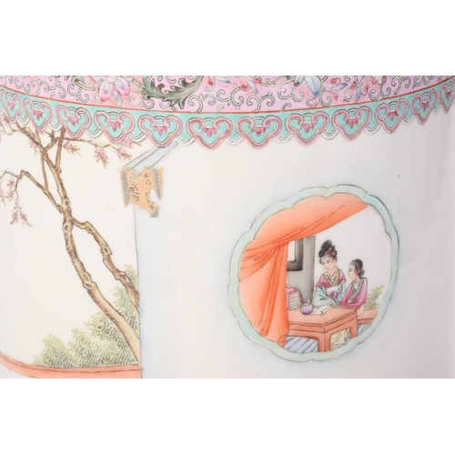 1211 - A 20th-century Chinese ceramic cylindrical stick stand, the body decorated with noblemen and attenda... 