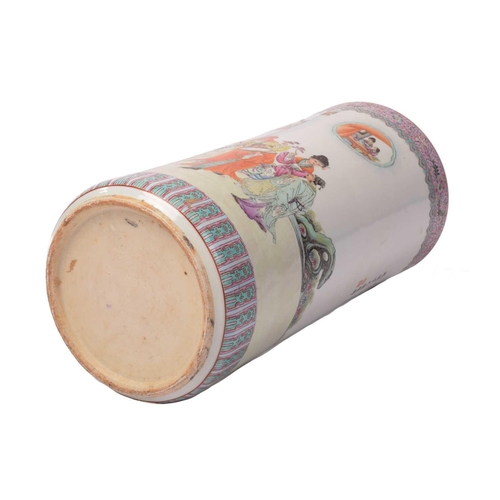 1211 - A 20th-century Chinese ceramic cylindrical stick stand, the body decorated with noblemen and attenda... 