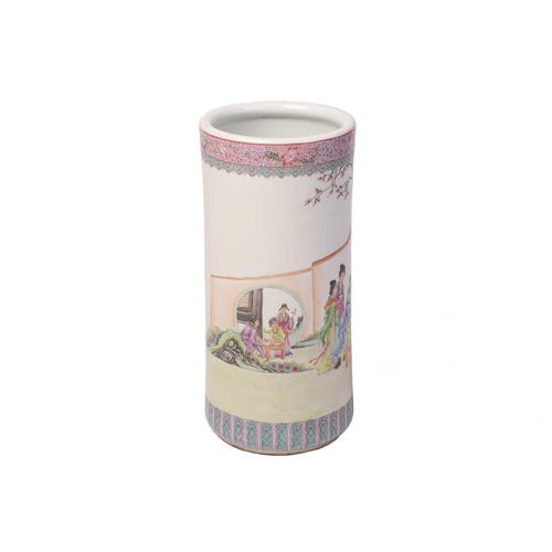 1211 - A 20th-century Chinese ceramic cylindrical stick stand, the body decorated with noblemen and attenda... 
