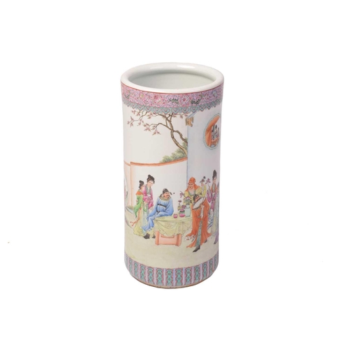 1211 - A 20th-century Chinese ceramic cylindrical stick stand, the body decorated with noblemen and attenda... 