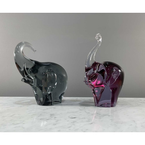 1244 - Two large coloured glass elephants, one signed to base, largest 20cm x 23cm. Qty: (2) Some scratches... 