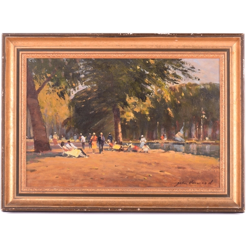 1208 - † John Harwood (1904 - 1980), Park Promenade, signed, oil on canvas, 30 x 45 cm, framed, frame 41 x ... 