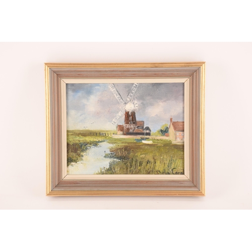 1214 - Shirley Carnt (contemporary) British, picturesque scene of a windmill in the countryside with a runn... 