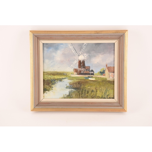 1214 - Shirley Carnt (contemporary) British, picturesque scene of a windmill in the countryside with a runn... 