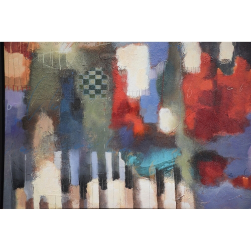 1220 - John & Elli Milan (contemporary) American, colourful abstract landscape depicting soft-edged forms a... 