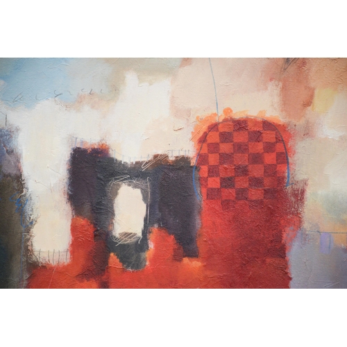 1220 - John & Elli Milan (contemporary) American, colourful abstract landscape depicting soft-edged forms a... 