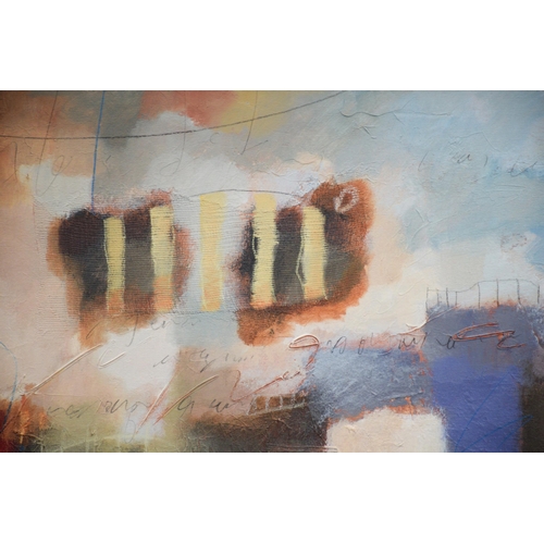 1220 - John & Elli Milan (contemporary) American, colourful abstract landscape depicting soft-edged forms a... 