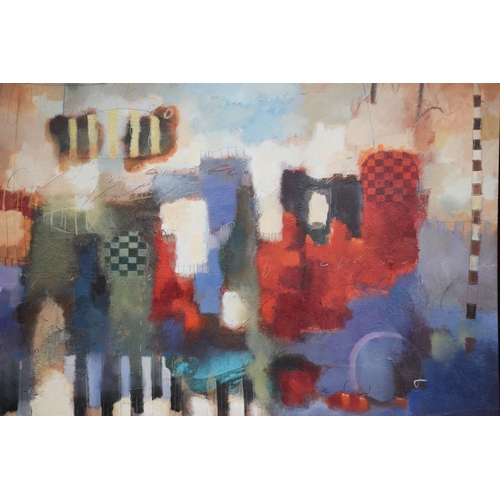 1220 - John & Elli Milan (contemporary) American, colourful abstract landscape depicting soft-edged forms a... 