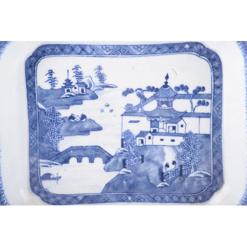 1240 - A Chinese blue and white export porcelain dish (entre base?) of almost square form with re-entrant c... 