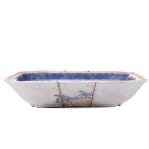 1240 - A Chinese blue and white export porcelain dish (entre base?) of almost square form with re-entrant c... 