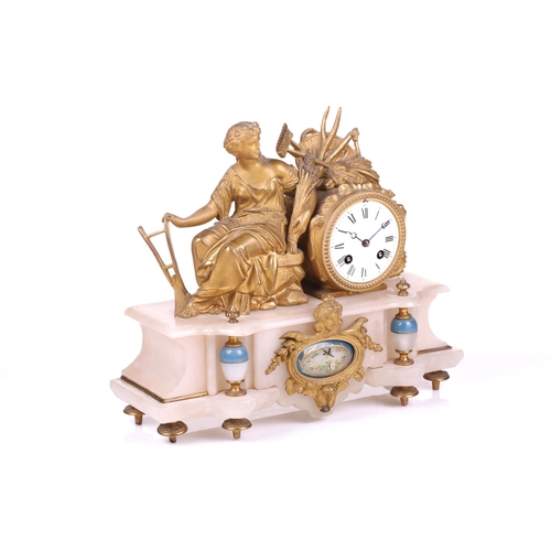 1245 - A late 19th-century J.W Benson 8-day figural spelter and alabaster mantle clock, with the figure of ... 