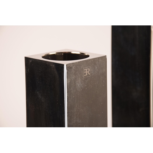 1253 - A set of six graduated chrome sculptural tealight holders on a wooden base, signed ER, 83cm. General... 