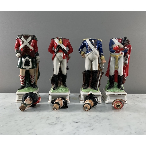 1289 - A collection of ceramic figures of soldiers of various nationality comprising four novelty decanters... 