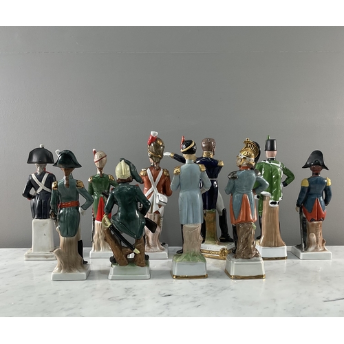 1291 - A collection of ten continental porcelain figures of soldiers of various regiment on sculptural base... 