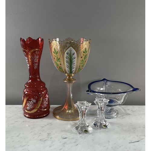 1299 - Two bohemian glass vases, another glass bowl and a pair of glass candlesticks, largest 35cm. General... 