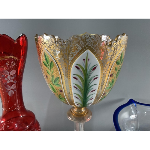 1299 - Two bohemian glass vases, another glass bowl and a pair of glass candlesticks, largest 35cm. General... 