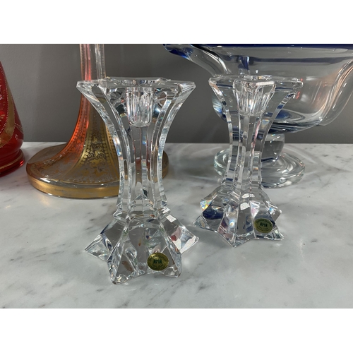 1299 - Two bohemian glass vases, another glass bowl and a pair of glass candlesticks, largest 35cm. General... 