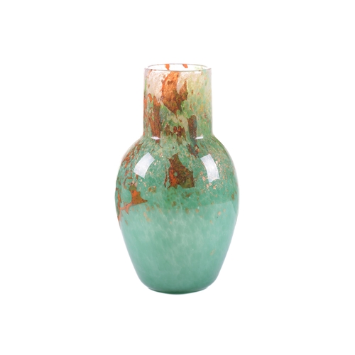 1301 - A Monart Glass of Moncrieff 1930s green glass vase, with orange and gold marble effect and long neck... 