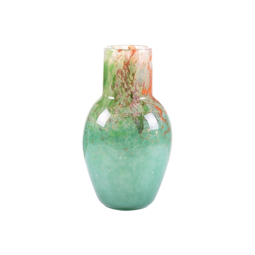 1301 - A Monart Glass of Moncrieff 1930s green glass vase, with orange and gold marble effect and long neck... 