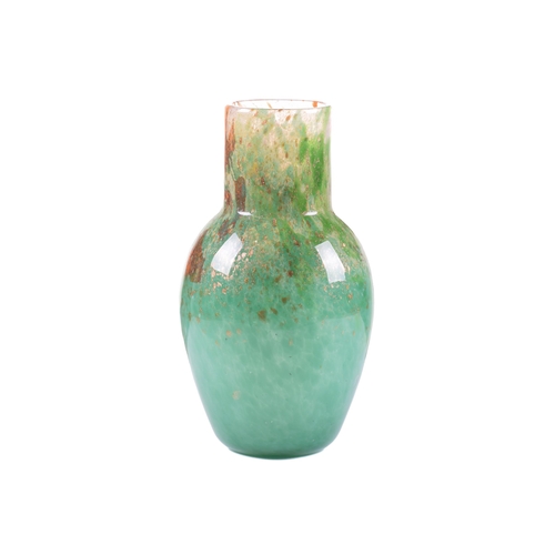 1301 - A Monart Glass of Moncrieff 1930s green glass vase, with orange and gold marble effect and long neck... 